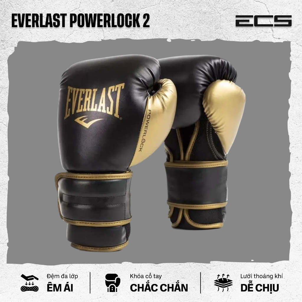Găng tay boxing Everlast Powerlock 2 , Đệm đa lớp êm , Khóa cổ tay chắc , Lưới thoáng khí , Đa năng