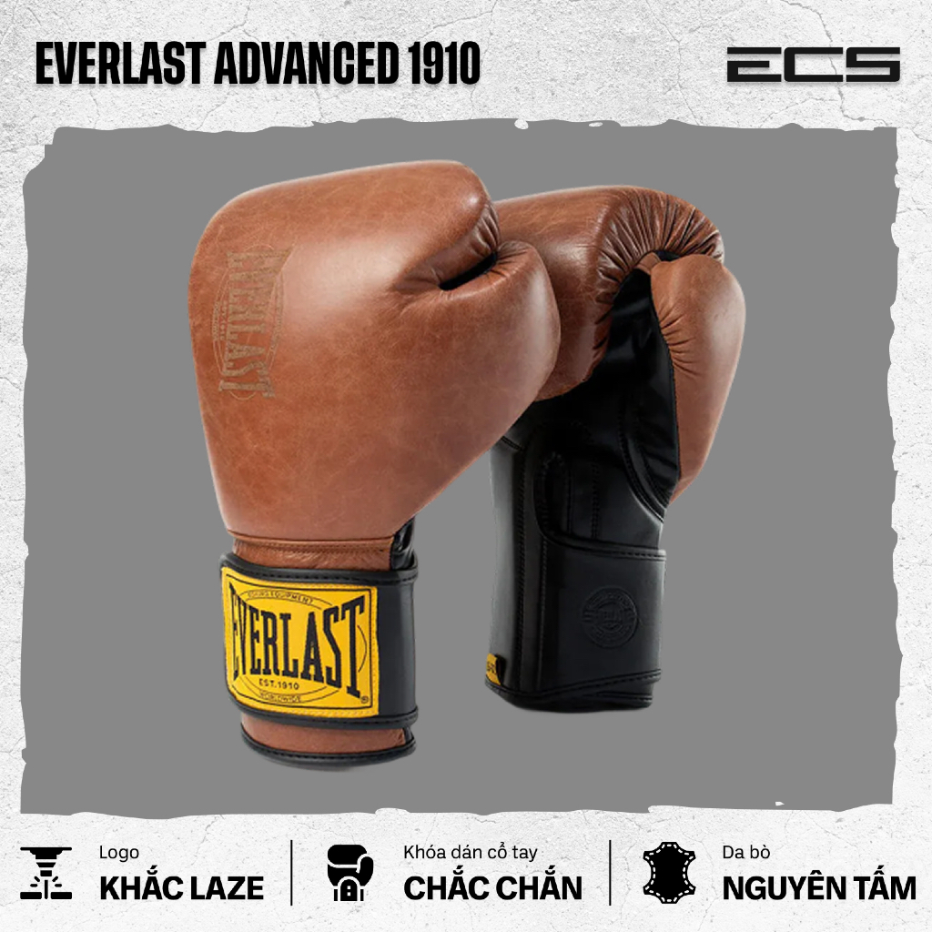 Găng tay boxing Everlast 1910 Advanced, Đệm đa lớp êm, Khóa cổ tay chắc, Lòng trong thoáng khí
