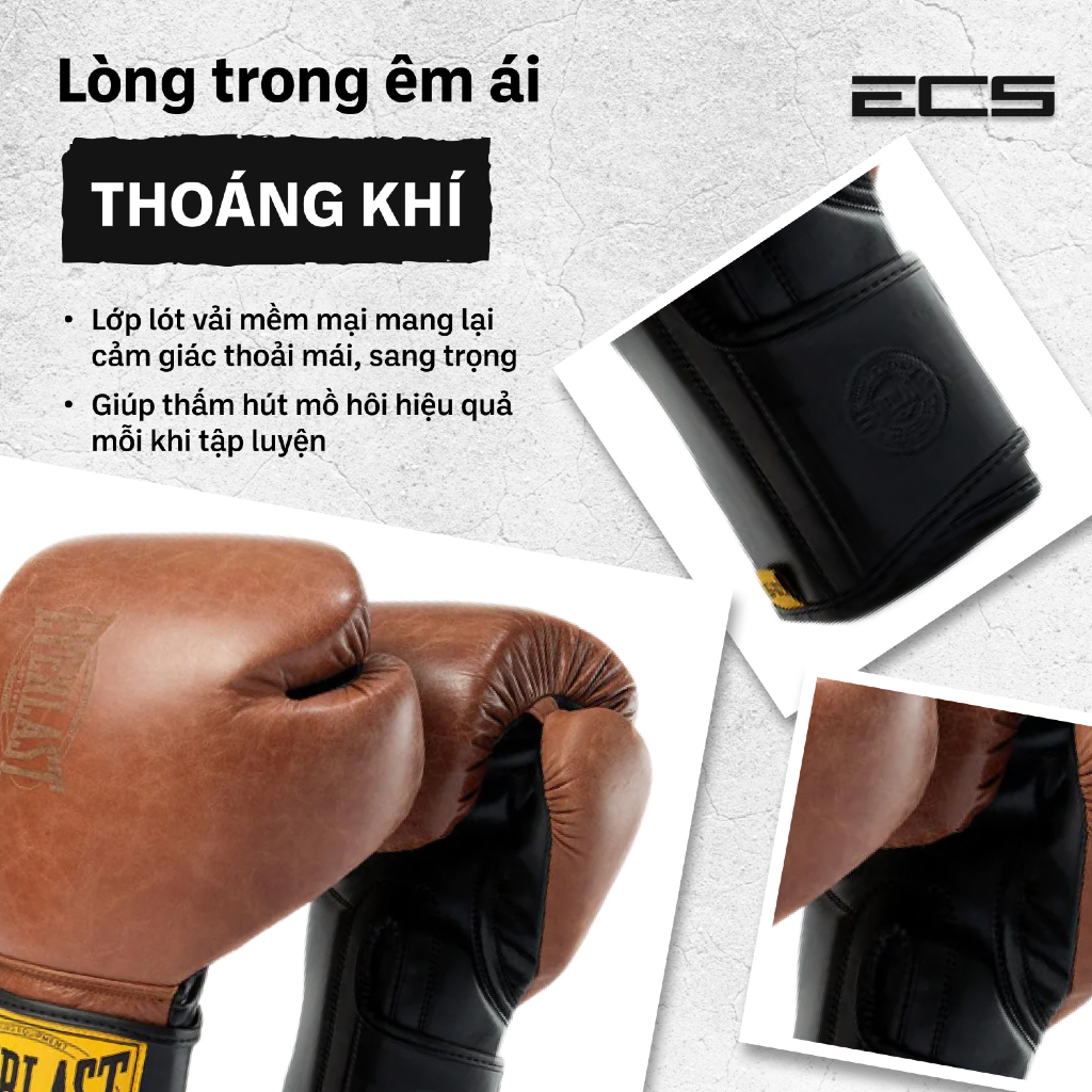 Găng tay boxing Everlast 1910 Advanced, Đệm đa lớp êm, Khóa cổ tay chắc, Lòng trong thoáng khí
