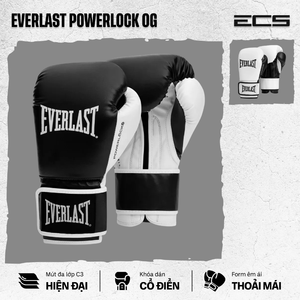 Găng tay boxing Everlast Powerlock OG, Đệm C3 giảm chấn, Khóa dán cổ điển, Form ôm tay dễ chịu