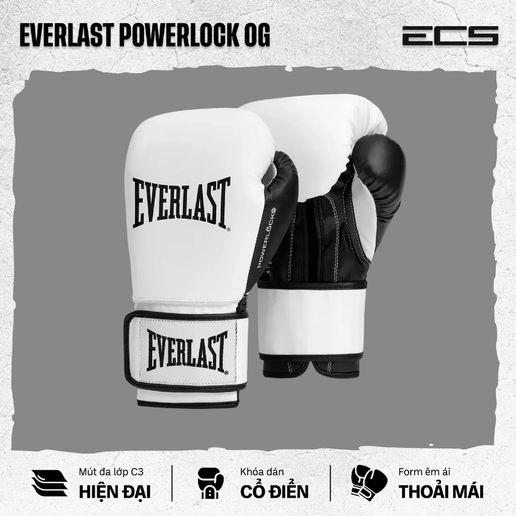 Găng tay boxing Everlast Powerlock OG, Đệm C3 giảm chấn, Khóa dán cổ điển, Form ôm tay dễ chịu