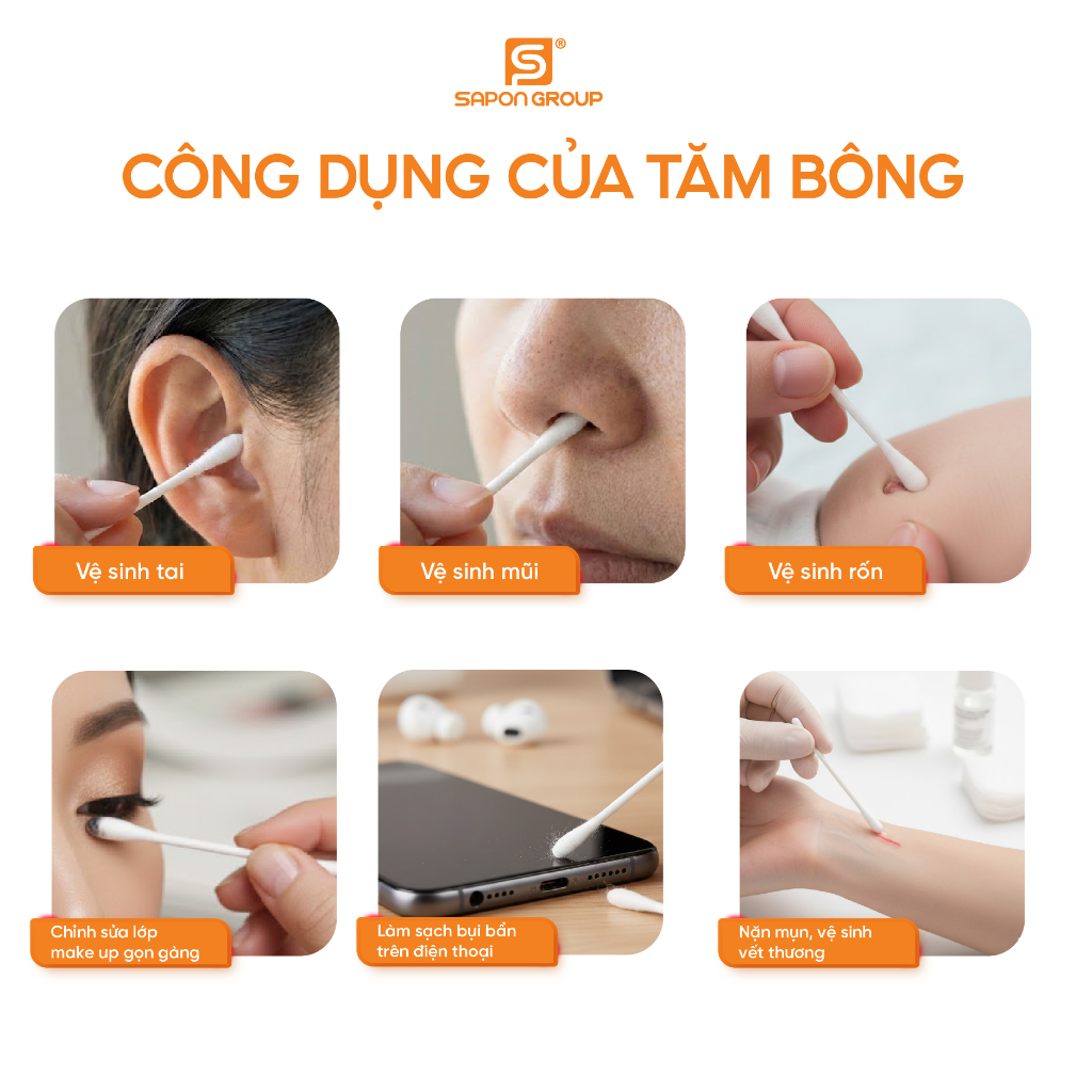 Combo 10 hộp Tăm bông cho bé sơ sinh SAPON NewBorn 200 que thân giấy đầu siêu nhỏ bông mềm(TB02-106)