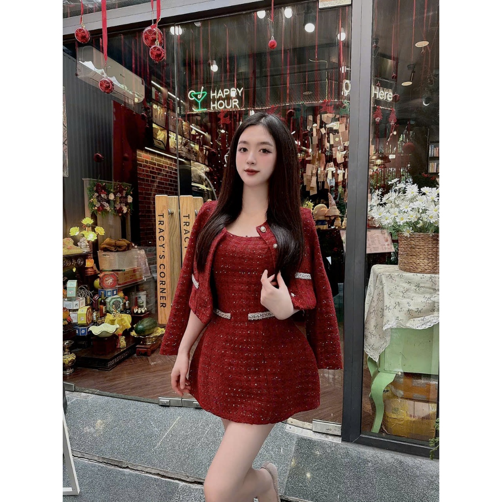 Váy Thiết Kế - Set Dạ 2 Món Áo Khoác Dạ Kèm Váy 2 Dây Chân Váy Dáng A Thanh Lịch Sang Trọng Cho Buổi Dạ Tiệc