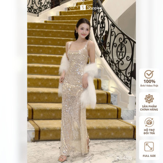 Set đầm dài sequin Khiết Style lấp lánh ôm body phối khăn choàng lông trắng phong cách dự tiệc sang trọng KS488