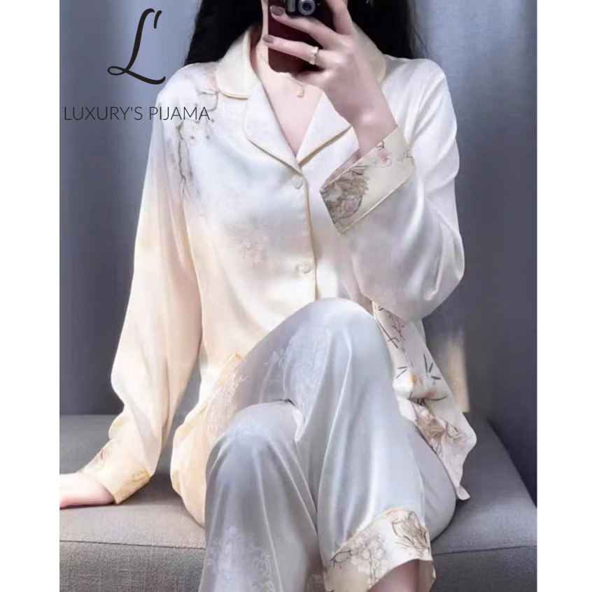 Đồ bộ LUXURY PIJAMA lụa latin cao cấp, mềm mịn sang trọng tay dài hoa vàng nhạt TD057