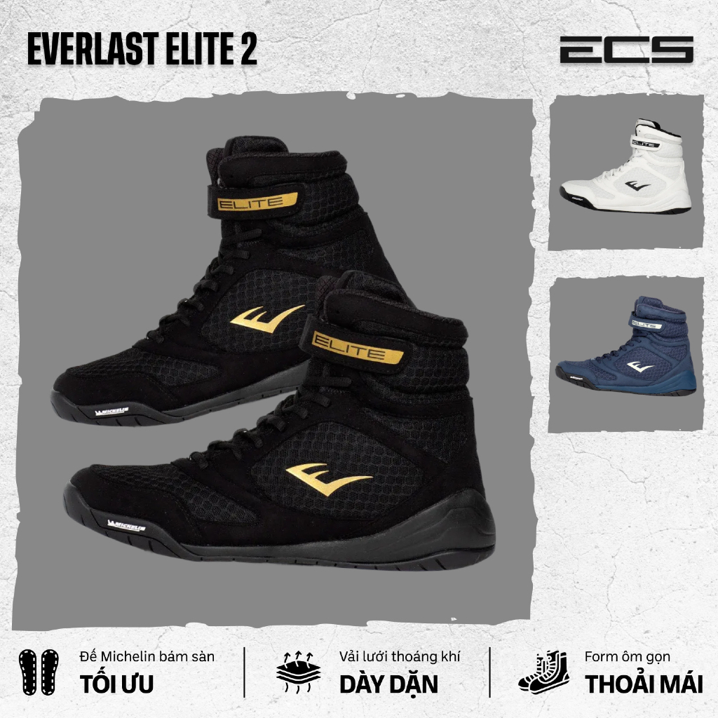Giày Boxing Everlast Elite 2, Giày Thi Đấu Quyền Anh Everlast, Bám Sàn, Thoáng Khí