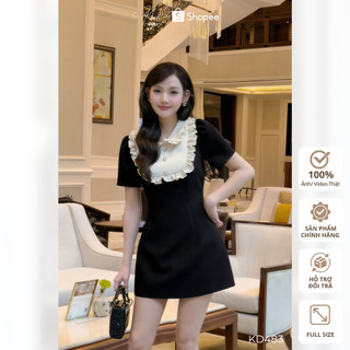 Đầm ngắn Khiết Style tone đen phối viền bèo cổ đính nút đá lấp lánh phong cách tiểu thư thanh lịch KD483