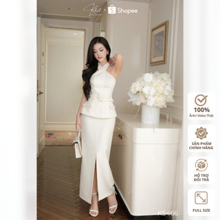 Set áo cổ yếm Khiết Style phối belt & chân váy xẻ trước thanh lịch, phong cách công sở tiệc nhẹ sang trọng KS466