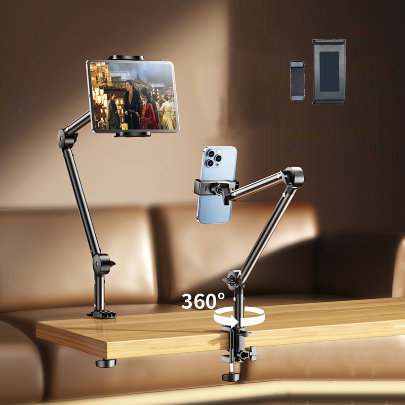 Giá đỡ ipad, điện thoại đa năng kẹp bàn, đầu giường nâng cấp xoay 360 chống rung quay video, xem phim, làm việc xếp gọn