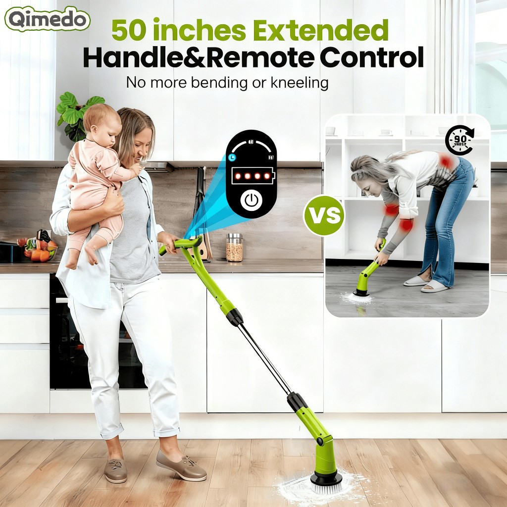 Qimedo Máy Cọ Điện Đa Năng Qimedo, IPX7 Chống Nước, 3 Tốc Độ, Xoay 3 Góc, Pin 2500mAh, Dùng Cho Nhà Tắm, Sàn, Kính, Ô Tô
