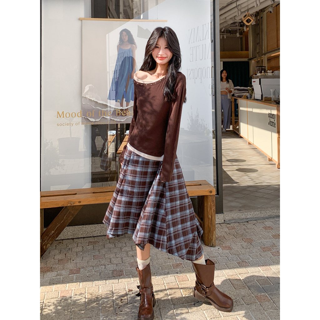 [KH44] Chân Váy Caro Nữ Dáng Midi Tà Lệch, Qua Gối Phong Cách Cá Tính Vintage | KHAO BOUTIQUE