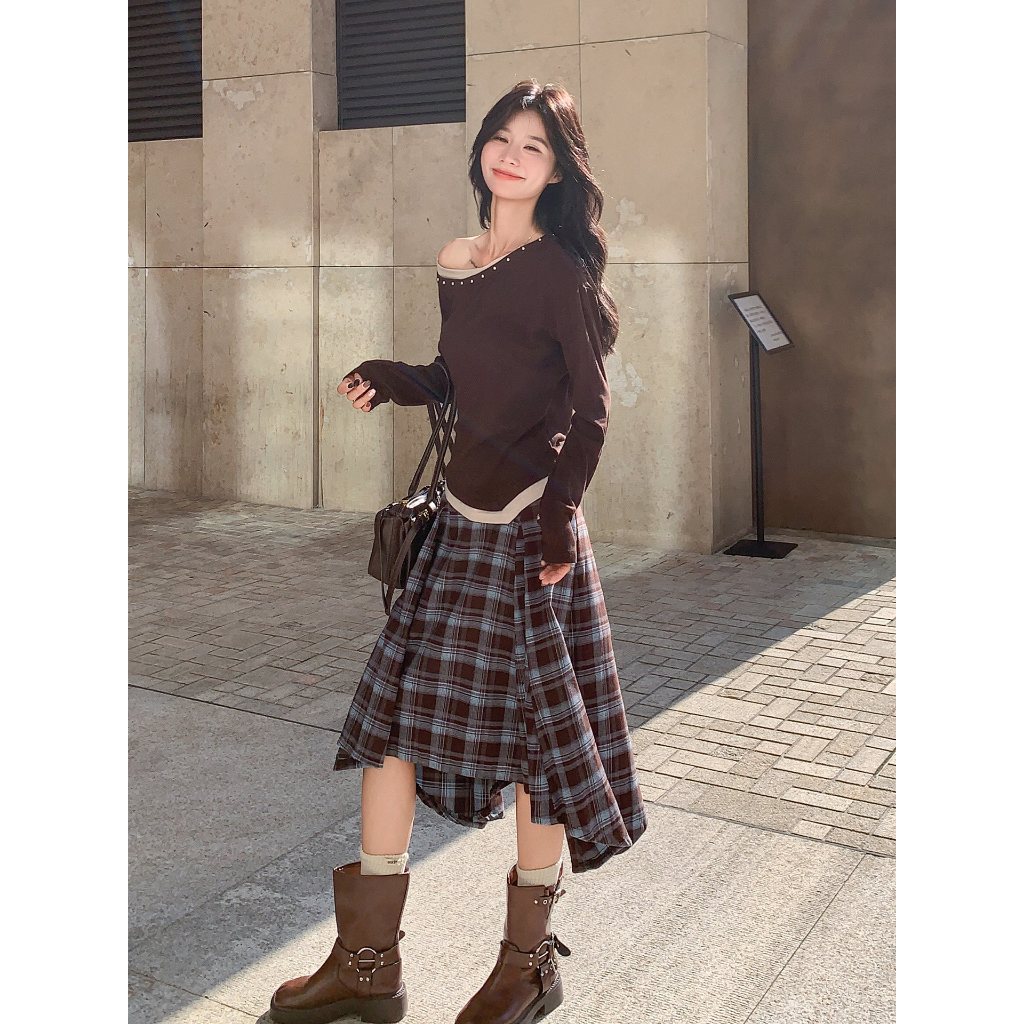 [KH44] Chân Váy Caro Nữ Dáng Midi Tà Lệch, Qua Gối Phong Cách Cá Tính Vintage | KHAO BOUTIQUE