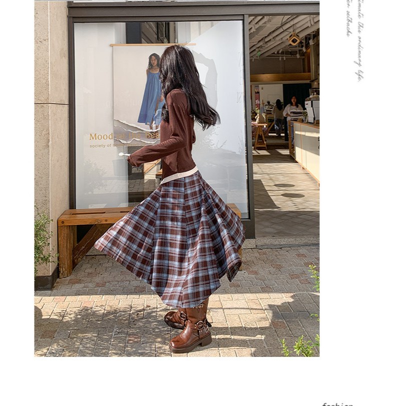 [KH44] Chân Váy Caro Nữ Dáng Midi Tà Lệch, Qua Gối Phong Cách Cá Tính Vintage | KHAO BOUTIQUE