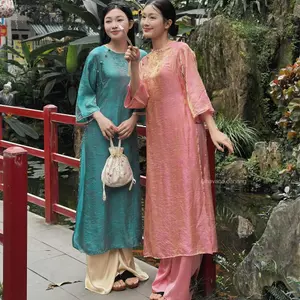 CÓ BIGSIZE - Áo dài lụa tơ óng NGUYỆT GIANG cổ tròn phối cúc bọc kèm quần lụa Satin AD221
