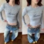 Áo dài tay cổ tròn màu ghi hoạ tiết chữ đính cườm chất cotton co giãn phong cách retro ATDT064 - Tiktik