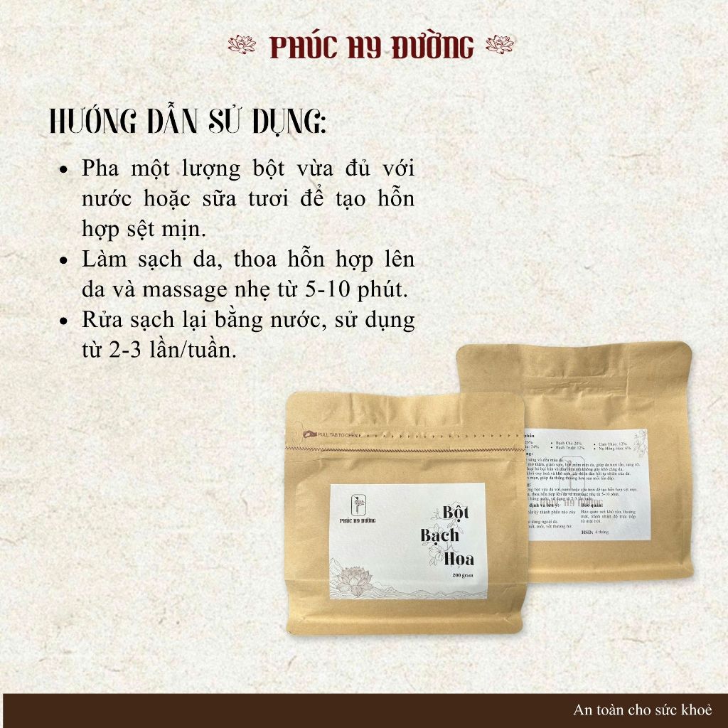Bột Bạch Hoa Phúc Hy Đường - Bột làm sáng da, tẩy tế bào chết, làm đều màu da