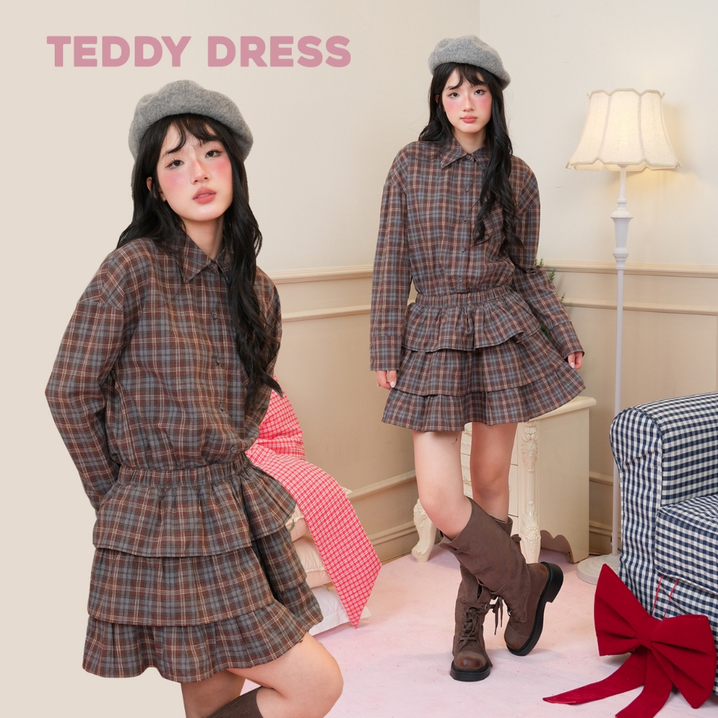 BLEUBIRD Váy caro rúm xòe Teddy Dress