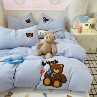 Bộ vỏ chăn ga giường cotton đũi mềm TEDDY BEAR họa tiết thêu nổi