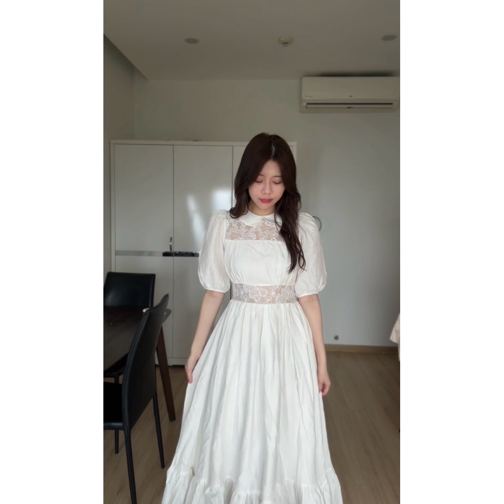 Vivie Dress - Đầm Trắng Phong Cách Vintage Với Chi Tiết Ren Tinh Tế Và Tay Phồng Thoải Mái