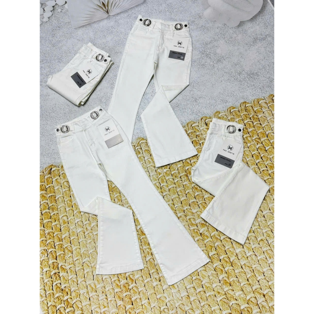 98-100cm Quần jeans Nữ Lưng Cao Ống Loe Dài Màu Trắng Co Giãn Phối Lưng Thời Trang