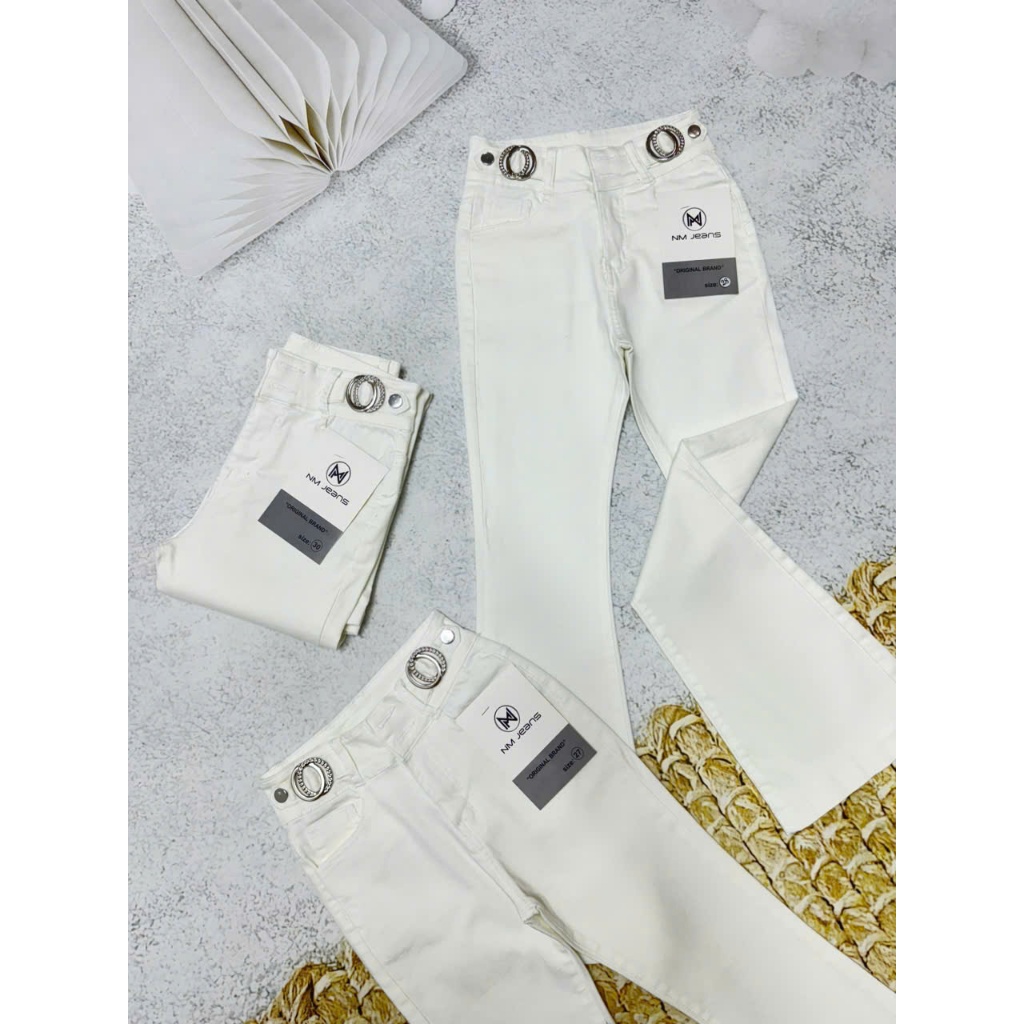 98-100cm Quần jeans Nữ Lưng Cao Ống Loe Dài Màu Trắng Co Giãn Phối Lưng Thời Trang