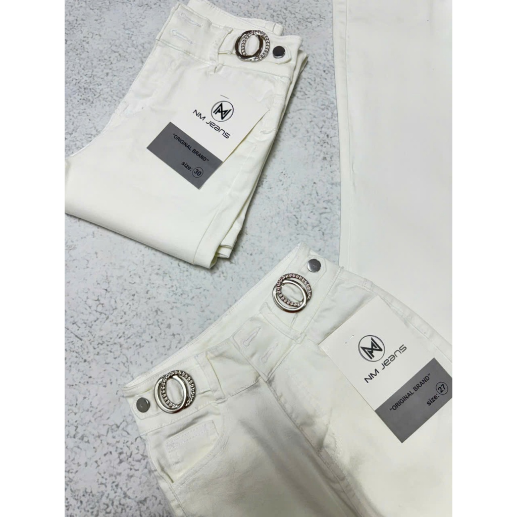 98-100cm Quần jeans Nữ Lưng Cao Ống Loe Dài Màu Trắng Co Giãn Phối Lưng Thời Trang