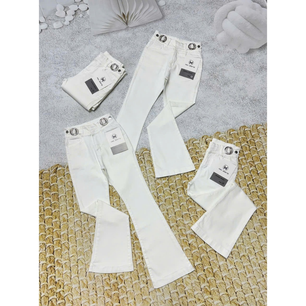 98-100cm Quần jeans Nữ Lưng Cao Ống Loe Dài Màu Trắng Co Giãn Phối Lưng Thời Trang