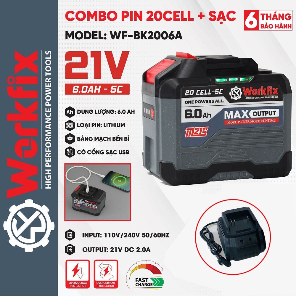 Combo Pin Sạc Dùng Cho Máy Khoan, Máy Siết bulong WORKFIX, Dung Lượng ...