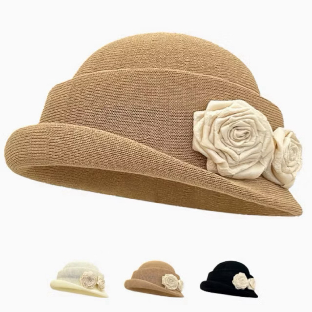 Mũ Vành Cong Kiểu Pháp Đính Hoa Hồng Cao Cấp Mũ Tiểu Thư Chất Len Mềm Sang Chảnh Màu Vintage
