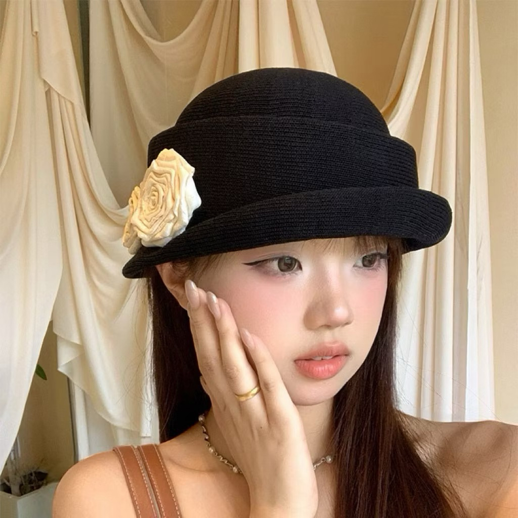 Mũ Vành Cong Kiểu Pháp Đính Hoa Hồng Cao Cấp Mũ Tiểu Thư Chất Len Mềm Sang Chảnh Màu Vintage