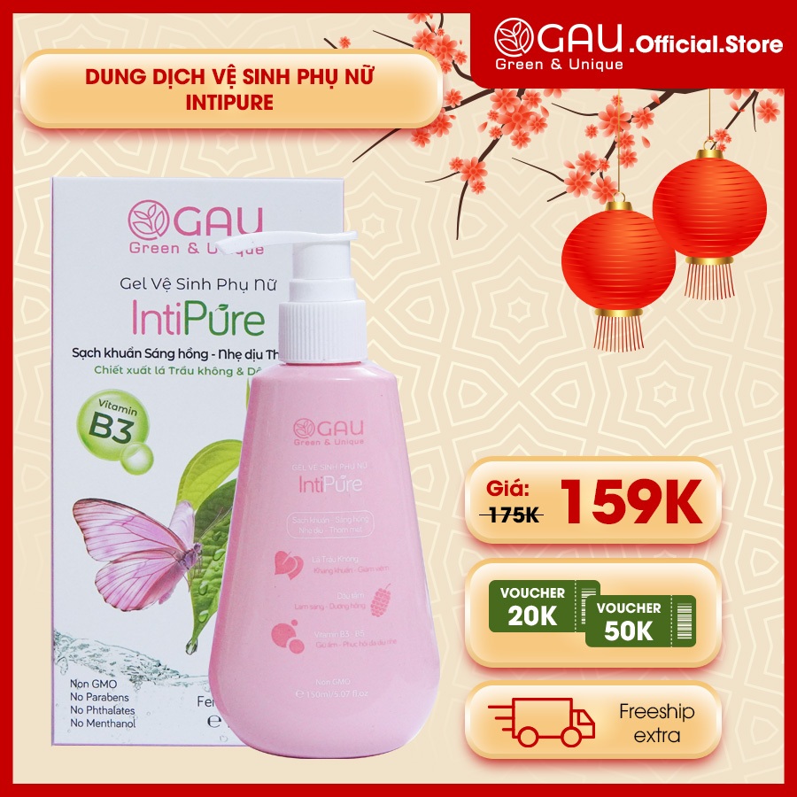Dung dịch GEL Vệ Sinh Phụ Nữ Thiên Nhiên Trầu Không - Dâu Tằm GAU INTIPURE 150ml Sạch Hồng-Thơm lâu