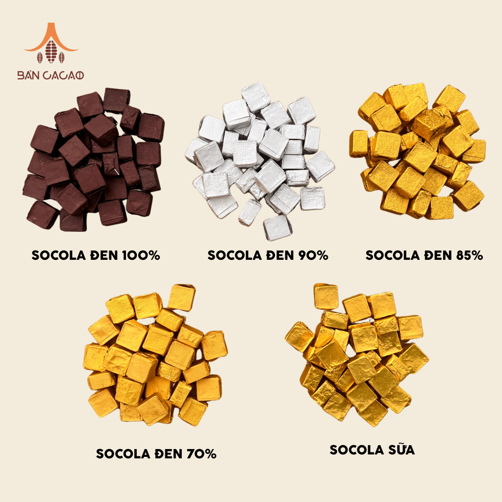 Socola dạng viên gói sẵn Bản Cacao - Socola đen 100% 90% 85% 70% ...