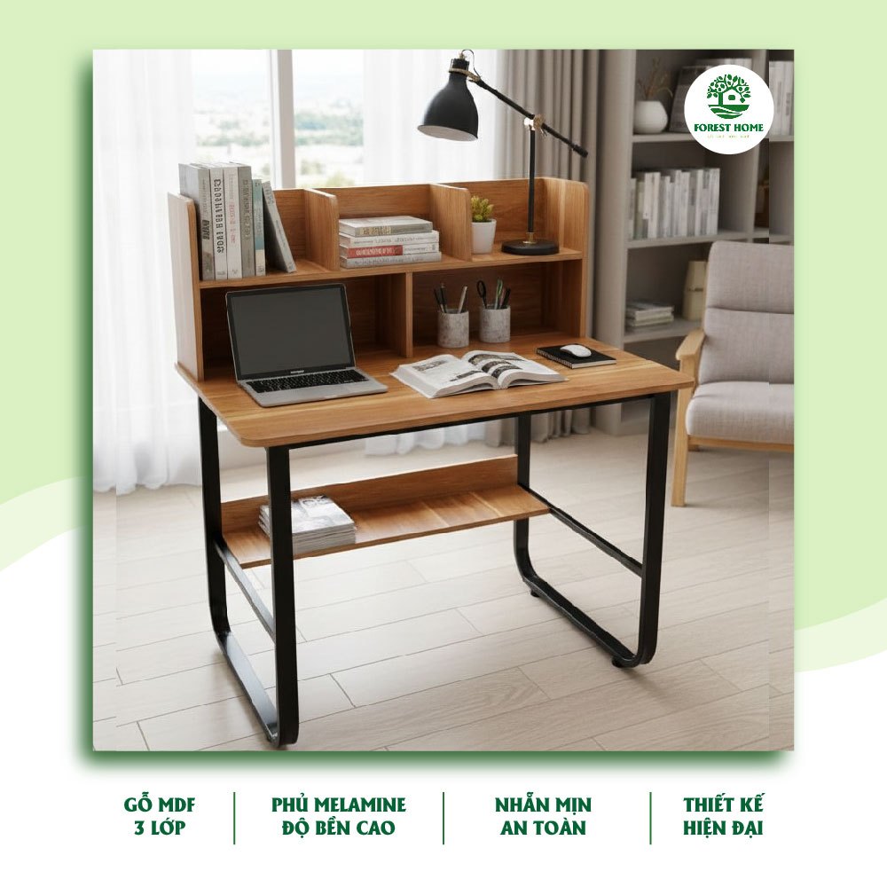 Bàn học kèm giá sách FOREST HOME, chân sắt chữ U sơn tĩnh điện, mặt gỗ MDF phủ Melamine chống thấm chống xước