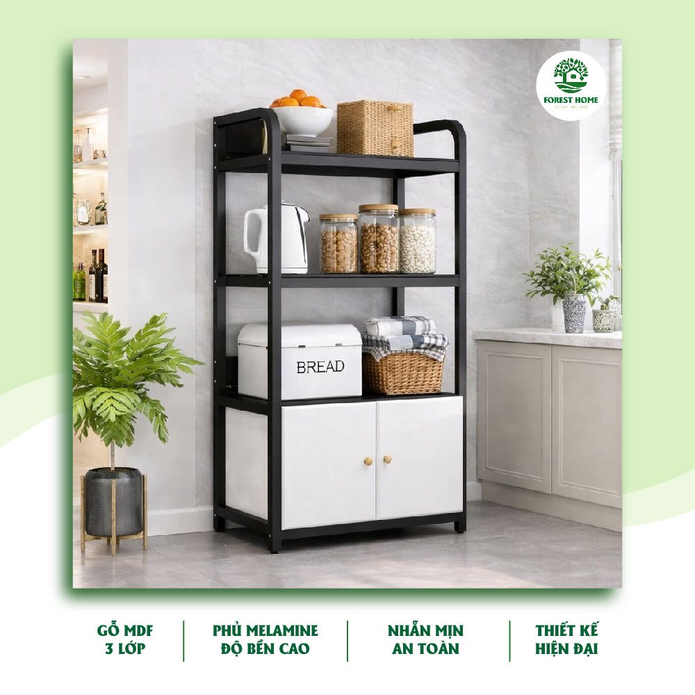 Kệ Đa Năng 4 Tầng Forest Home Có Tủ Tiện Lợi, Kệ Bếp Kệ Để Đồ Khung Sắt Tĩnh Điện Mặt Gỗ MDF Phủ Mine Chống Nước Bền Đẹp
