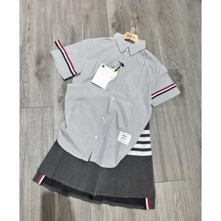 [Chuẩn Couple] Sơ Mi Nữ Ngắn Tay Kẻ Ghi Meiclothing shop - Áo Kiểu Thom Viền Tay - Chất Mát Mịn Đi Học Đi Làm