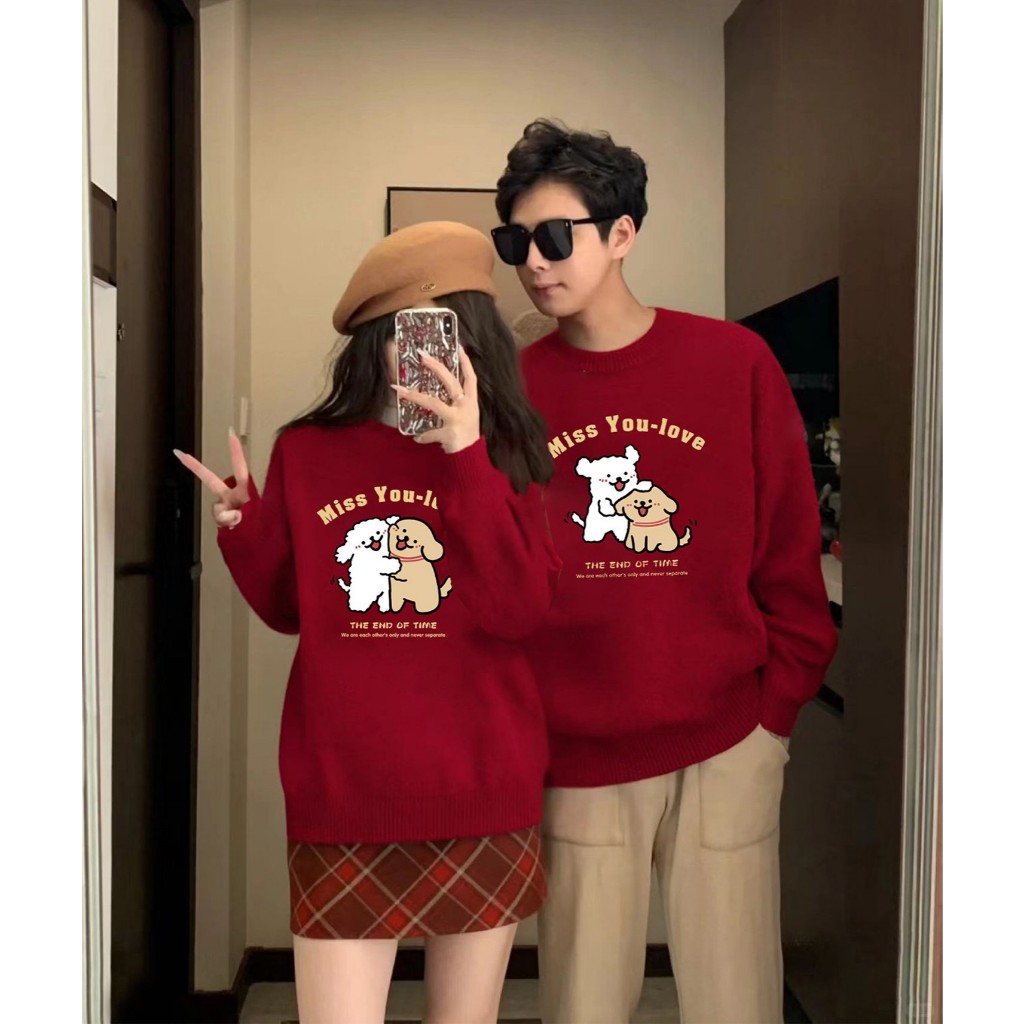 Áo đôi nỉ đỏ Miss You Too in hình gấu dễ thương – Áo cặp nam nữ mặc đông ấm áp