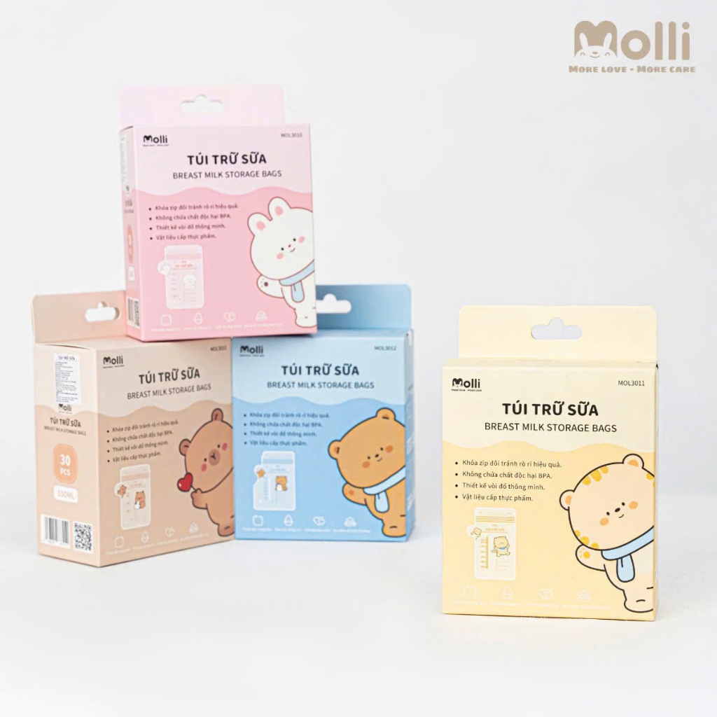 Hộp 30 túi trữ sữa mẹ Molli 3 size 150ml 200ml 250ml có vòi rót tiện lợi