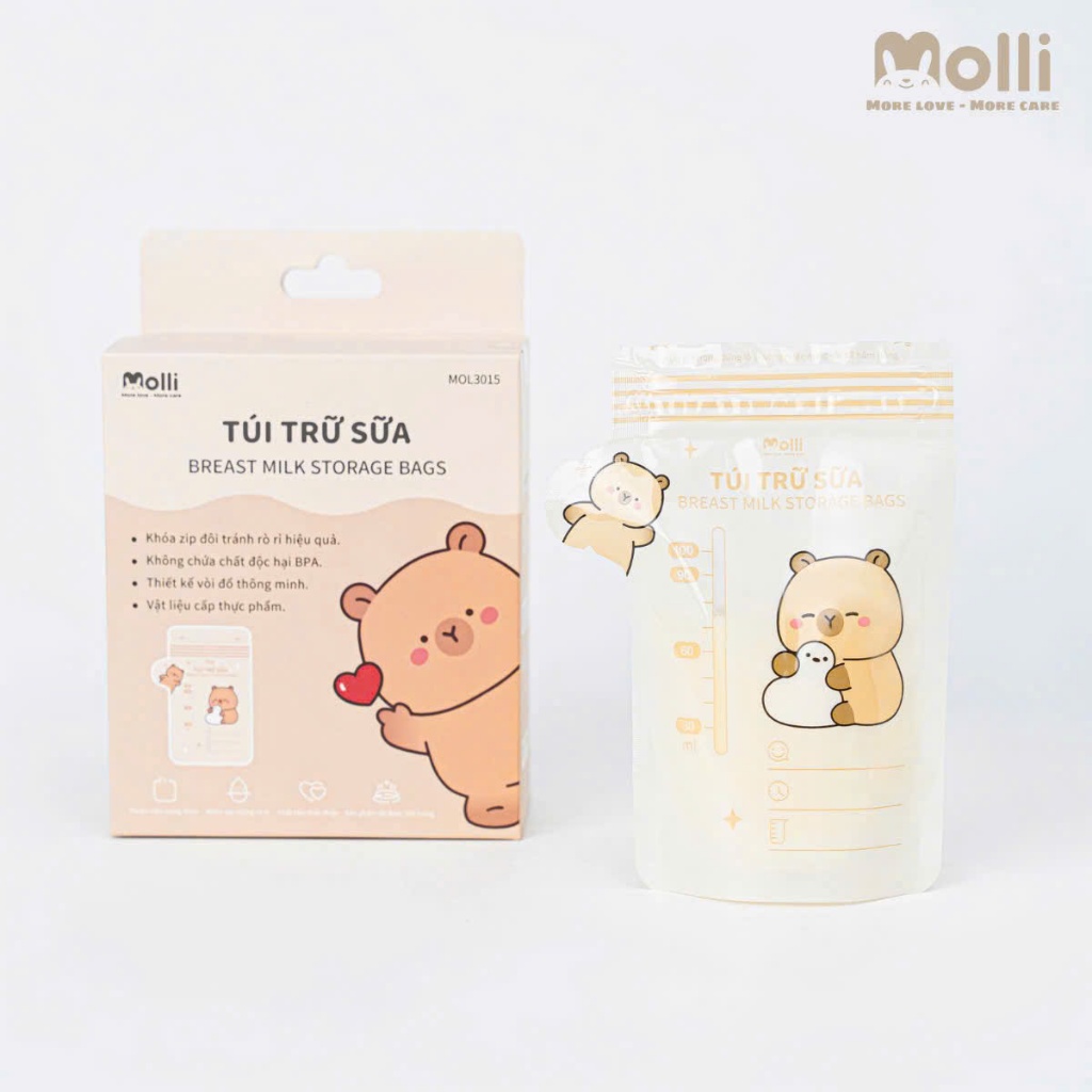 Hộp 30 túi trữ sữa mẹ Molli 3 size 150ml 200ml 250ml có vòi rót tiện lợi
