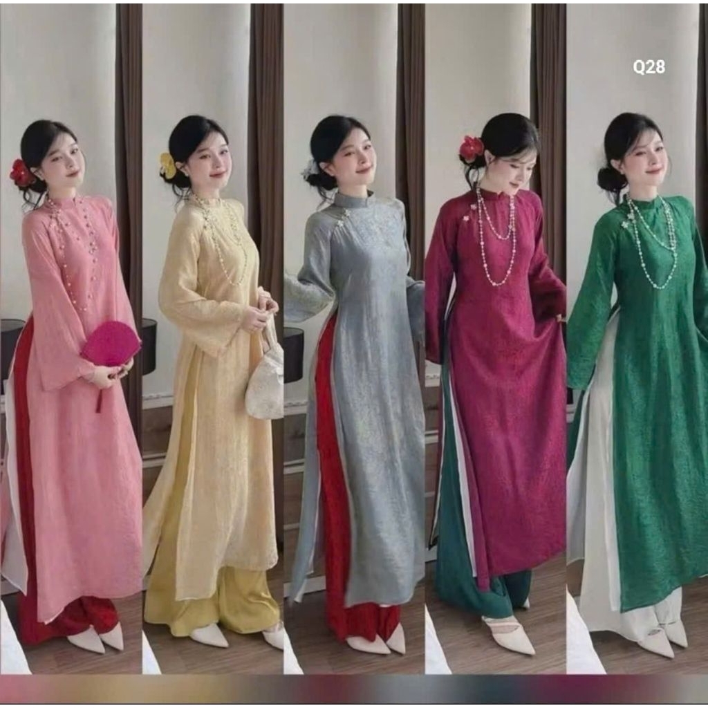 Bộ áo dài gấm hoa áo phom rộng đính phụ kiện quần tuyết nhung cao cấp Q28