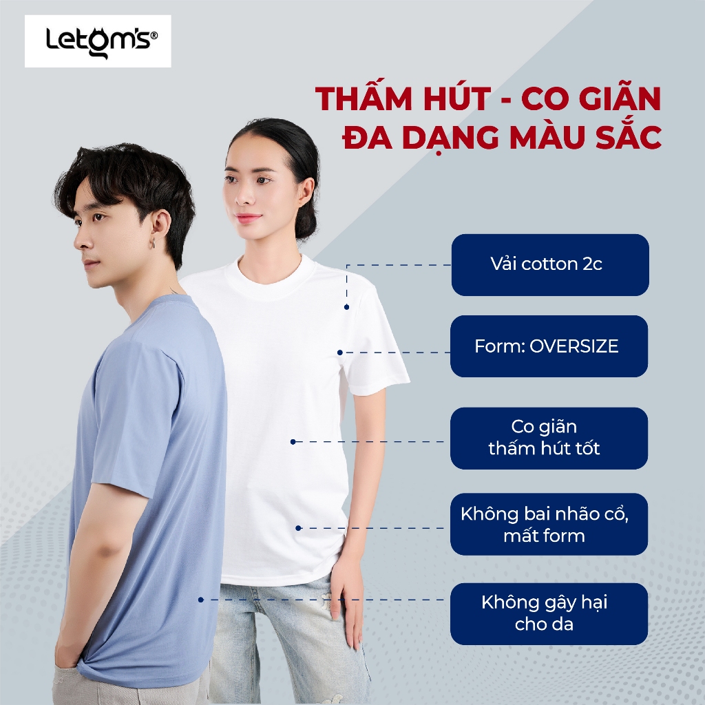 Áo Thun Nam Nữ Form Rộng Cotton 2C LeTom's, Mềm Mại, Nhiều Màu, Co Giãn