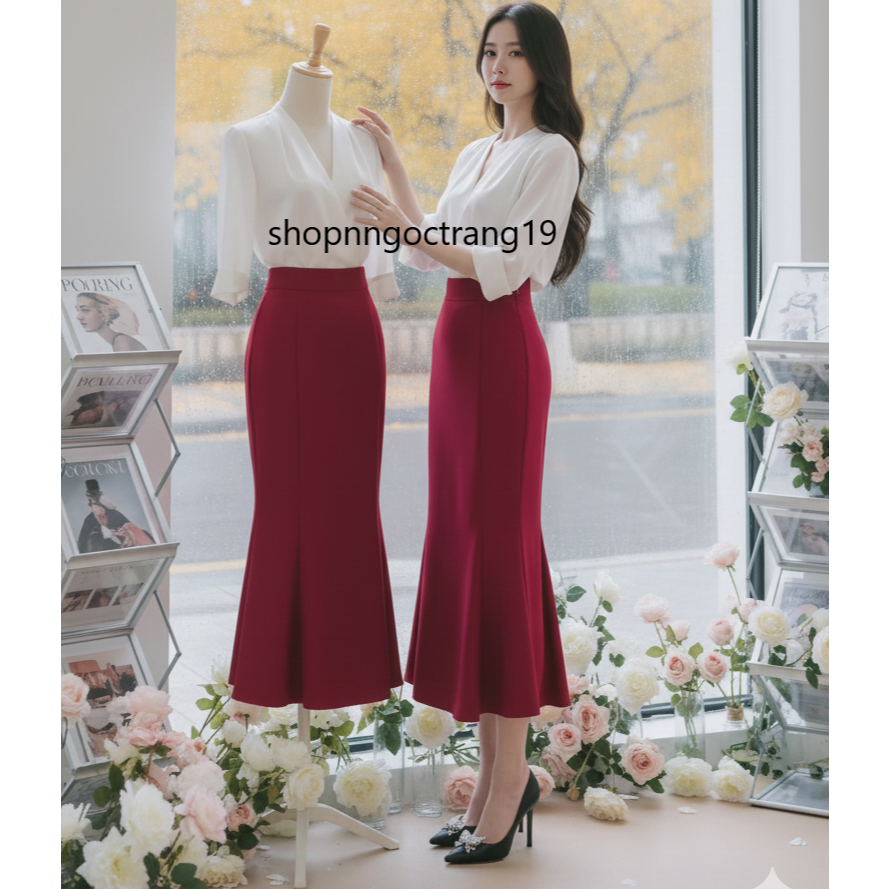 chân váy bút chì chất vittex co giãn nhẹ, chân váy phối cá dáng dài 80cm phong cách công sở