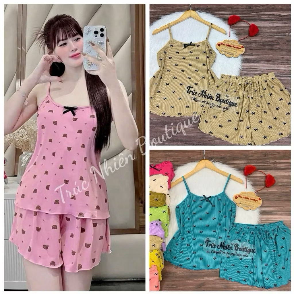 Đồ Bộ Ngủ 2 Dây In Họa Tiết Quần Đùi Vải Thun Tăm Mẫu Mới Freesize 38-55kg - T66