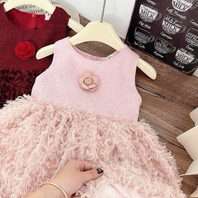 Váy Hoa Trà Bồng Xoè Xinh Xắn Cho Bé Gái 8kg-24kg Dưới 1m2 Tặng Dây Nơ Chất Liệu Tua Tua Mềm