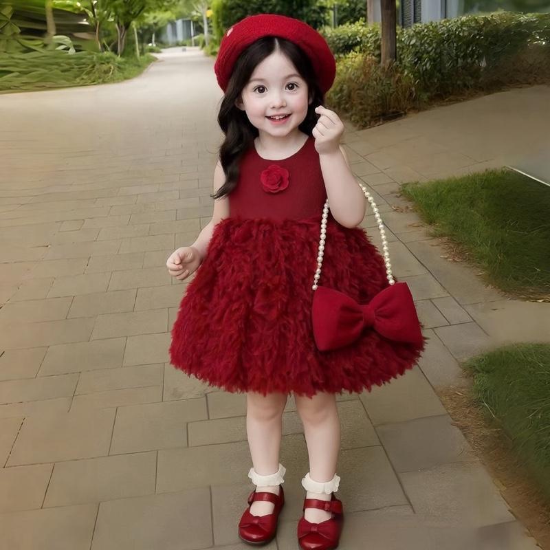 Váy Hoa Trà Bồng Xoè Xinh Xắn Cho Bé Gái 8kg-24kg Dưới 1m2 Tặng Dây Nơ Chất Liệu Tua Tua Mềm