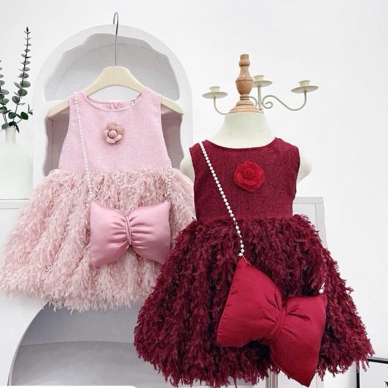 Váy Hoa Trà Bồng Xoè Xinh Xắn Cho Bé Gái 8kg-24kg Dưới 1m2 Tặng Dây Nơ Chất Liệu Tua Tua Mềm
