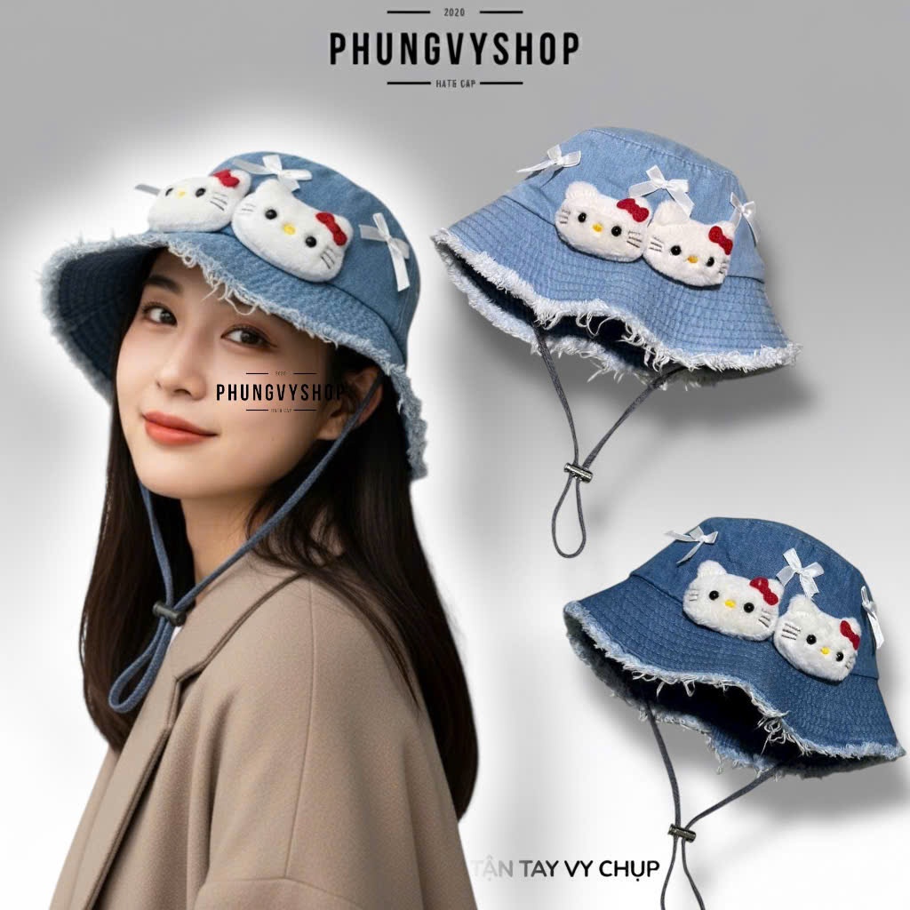 Mũ nón bucket tai bèo vành denim unisex nam nữ phungvyshop BO LỚN JEAN HAI ĐẦU KIT