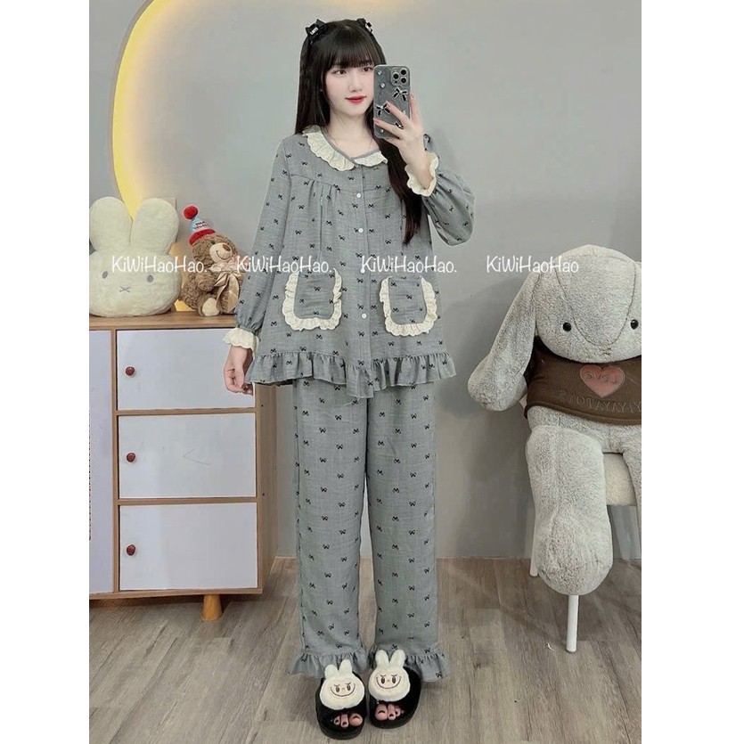Bộ Bầu - bộ sau sinh - BỘ DÀI VÂN MÂY HÌNH CỔ BÈO REN HAI TÚI - Nhiều Màu, Áo Có Khoá Kéo Hai Bên & Quần Có Chun Chỉnh