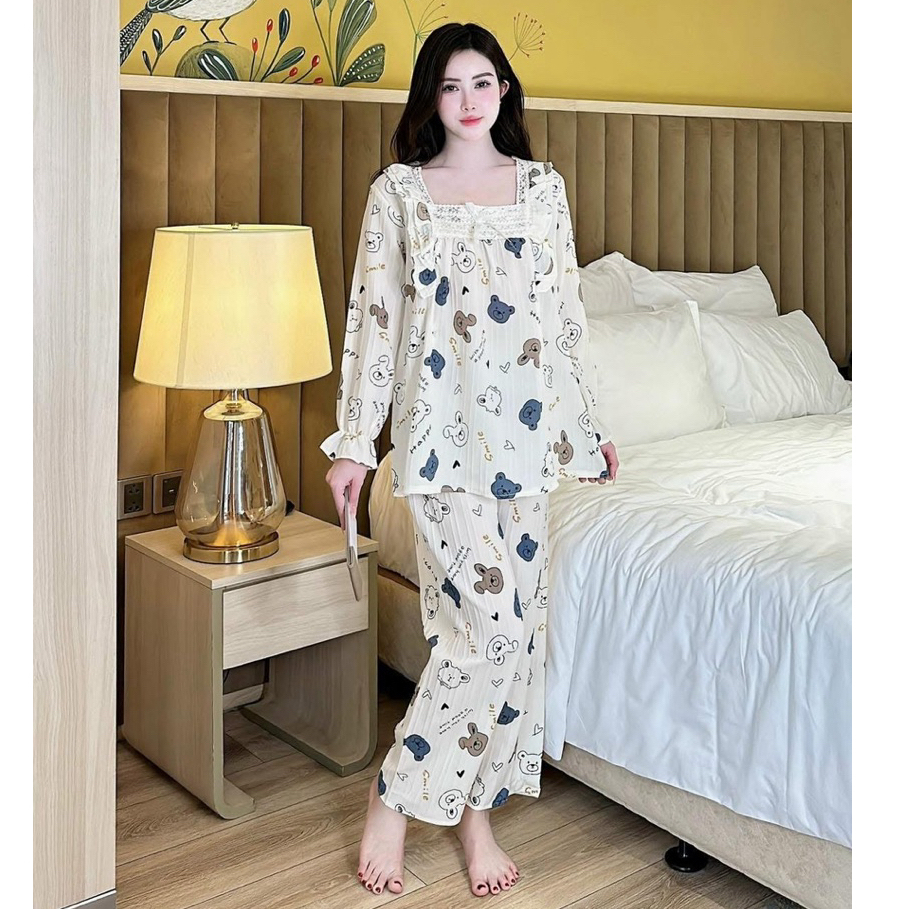 Bộ bầu-bộ sau sinh - BỘ DÀI ĐŨI GÂN HÌNH CỔ VUÔNG REN - 13 Màu, Áo Có Khoá Kéo Hai Bên & Quần Có Chun Chỉnh 💥GIÁ ƯU ĐÃI💥