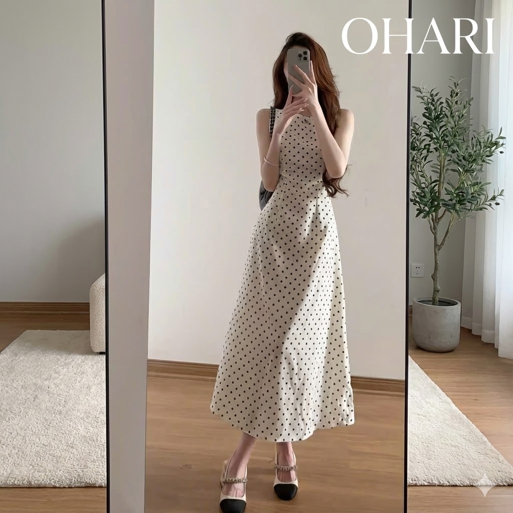 Ohari Đầm hai dây CỔ THUYỀN dáng dài tiểu thư, Đầm maxi cổ yếm dáng dài đi biển, đi chơi