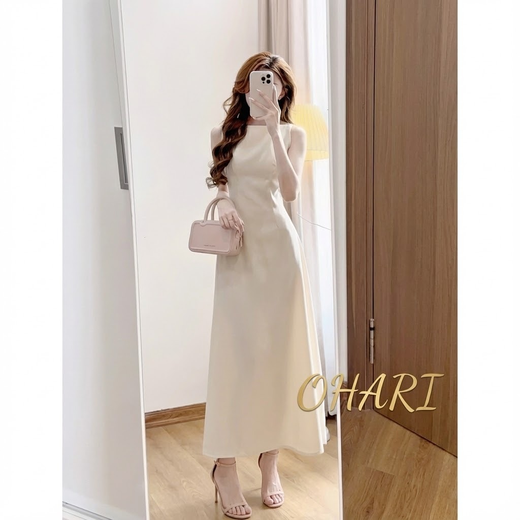 Ohari Đầm hai dây CỔ THUYỀN dáng dài tiểu thư, Đầm maxi cổ yếm dáng dài đi biển, đi chơi